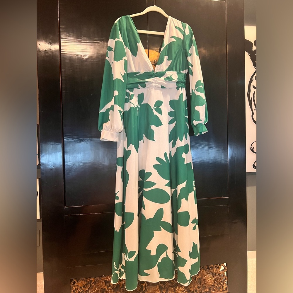 Green and White Floral Wrap Maxi Dress by